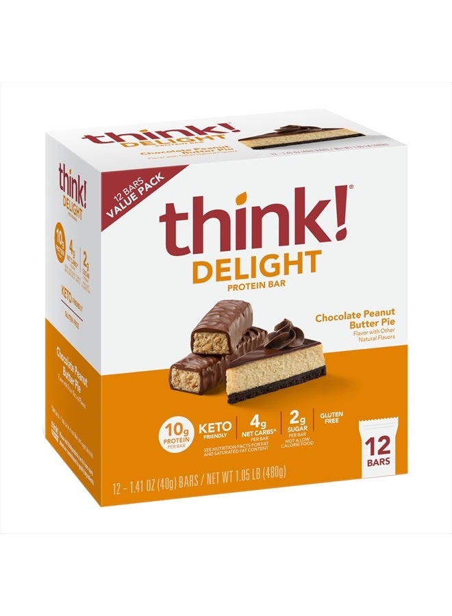Delight, Keto Protein Bars, Healthy Low Carb, Gluten Free Snack - Chocolate Peanut Butter Pie, 12 Count (Packaging May Vary)