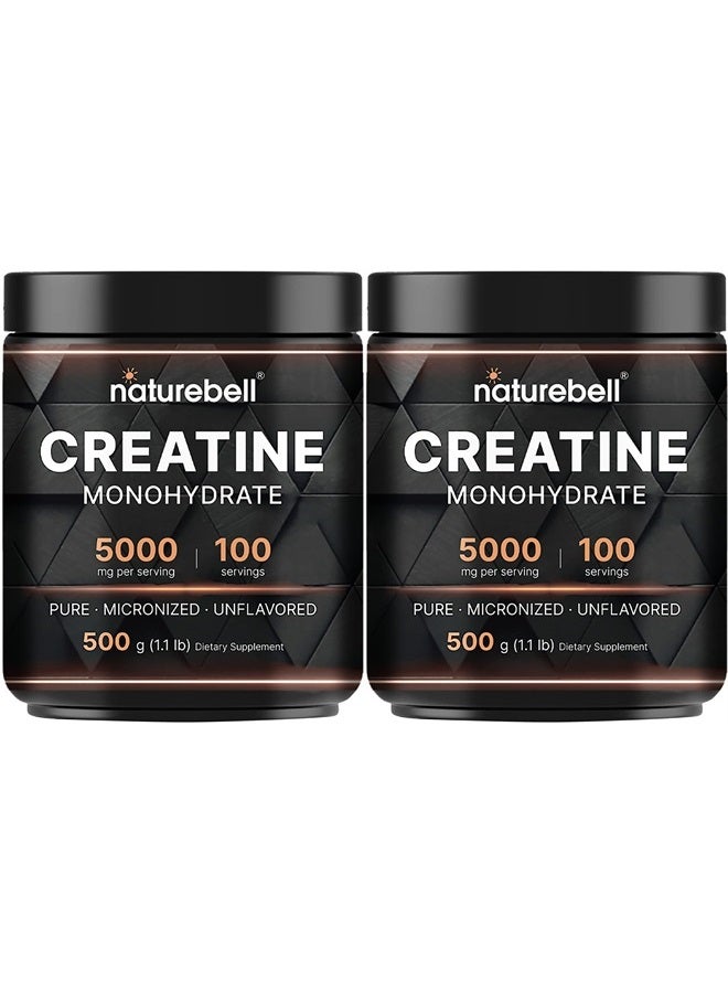 2 Pack Creatine Monohydrate Powder 500 Grams, 5000mg Per Serving, Pure Unflavored Creatine Powder - Micronized - Pre Workout | Keto | Vegan | Dissolves Easy | Filler Free