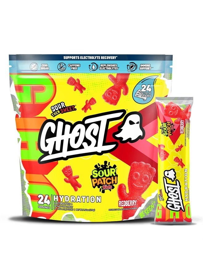 Hydration Packets, Sour Patch Kids Redberry, 24 Sticks, Electrolyte Powder - Drink Mix Supplement with Magnesium, Potassium, Calcium, Vitamin C - Vegan, Free of Soy, Sugar & Gluten