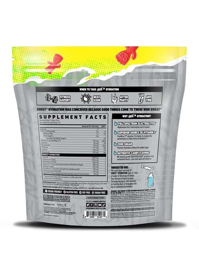 Hydration Packets, Sour Patch Kids Redberry, 24 Sticks, Electrolyte Powder - Drink Mix Supplement with Magnesium, Potassium, Calcium, Vitamin C - Vegan, Free of Soy, Sugar & Gluten