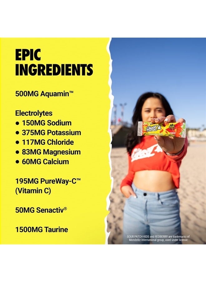 Hydration Packets, Sour Patch Kids Redberry, 24 Sticks, Electrolyte Powder - Drink Mix Supplement with Magnesium, Potassium, Calcium, Vitamin C - Vegan, Free of Soy, Sugar & Gluten