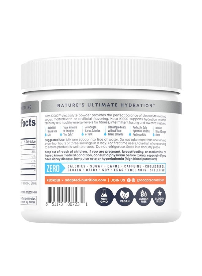 Keto K1000 Electrolyte Powder | Orange | Hydration Supplement Drink Mix | Boost Energy & Beat Leg Cramps | No Sugar, No Maltodextrin | 50 Servings