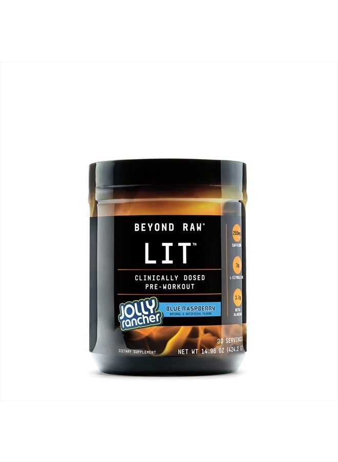 LIT | Clinically Dosed Pre-Workout Powder | Contains Caffeine, L-Citruline, and Beta-Alanine, Nitrix Oxide and Preworkout Supplement | Jolly Rancher Blue Raspberry | 30 Servings