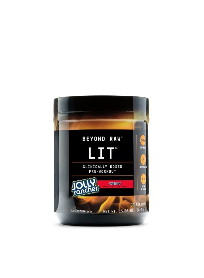 LIT | Clinically Dosed Pre-Workout Powder | Contains Caffeine, L-Citrulline, Beta-Alanine, and Nitric Oxide | Jolly Rancher Cherry | 30 Servings