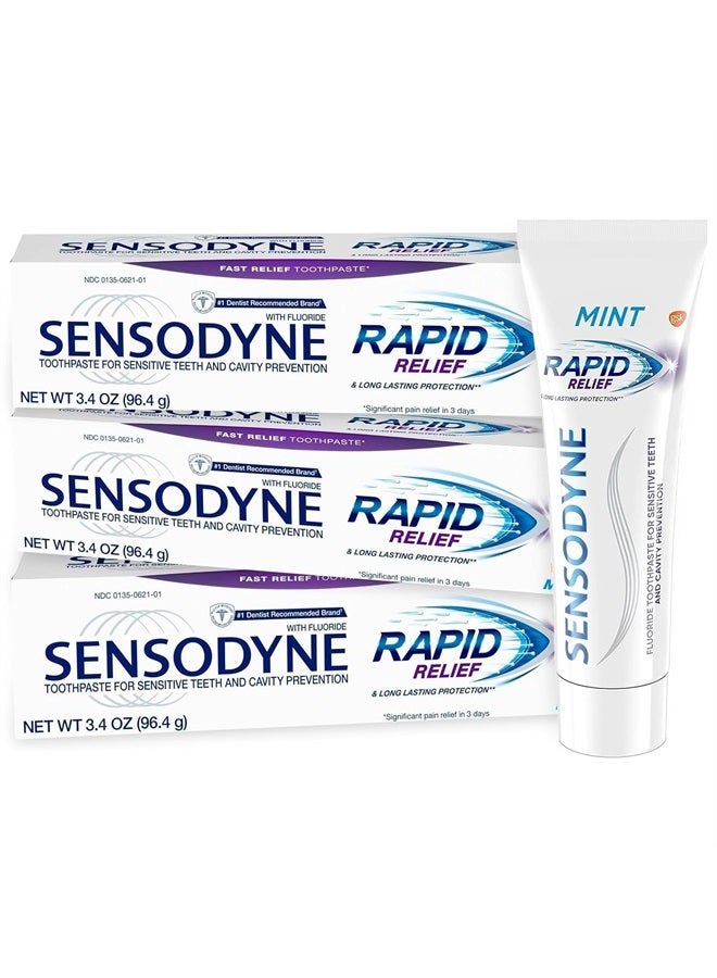 Rapid Relief Toothpaste for Sensitive Teeth, Mint with Fluoride, Adult Sensitive Toothpaste for Painful Teeth and Gums, Long Lasting Protection, 3.4 oz (Pack of 3)