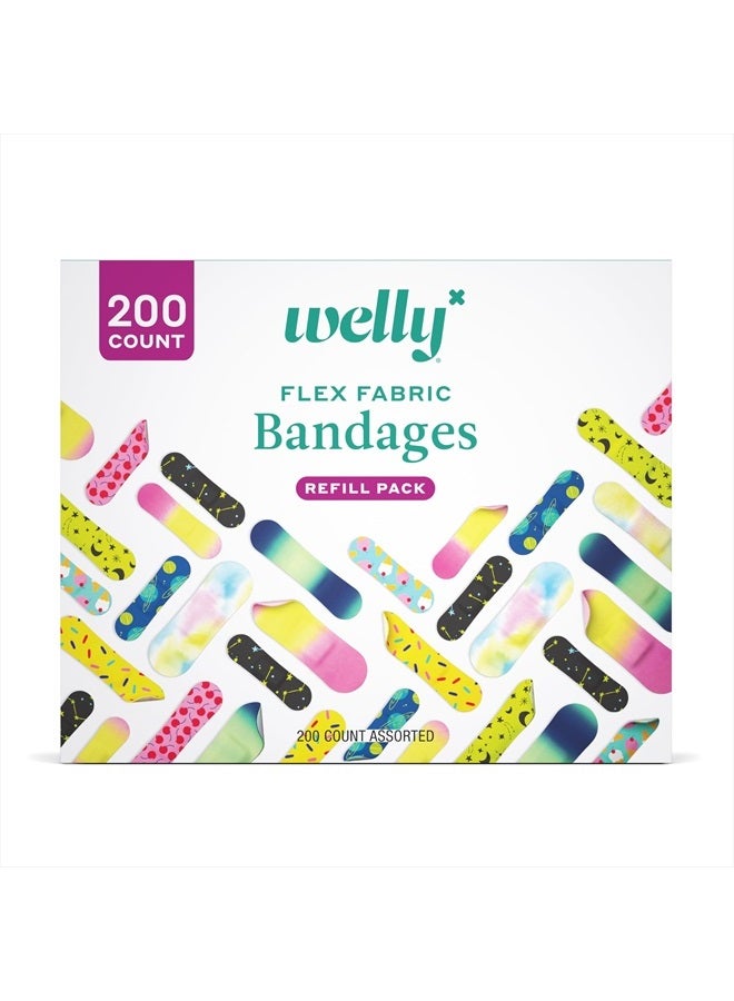 Bandage Refill Ready Pack | Adhesive Flexible Fabric Bandages | Bulk Assorted Shapes and Patterns for Minor Cuts, Scrapes, and Wounds - 200 Count