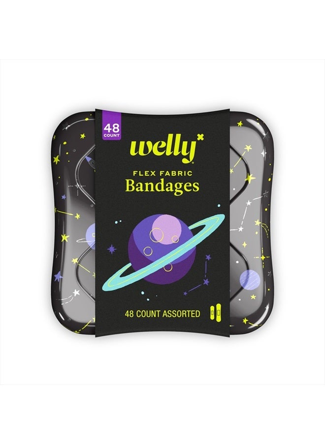 Bandages | Adhesive Flexible Fabric Bravery Badges | Assorted Shapes for Minor Cuts, Scrapes, and Wounds | Colorful and Fun First Aid Tin | Space Patterns - 48 Count