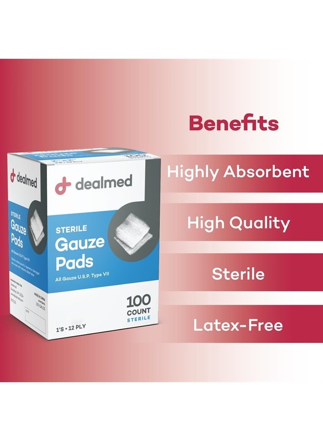 Sterile Gauze Pads – 100 Count, 2'' x 2'' Disposable and Individually Wrapped Gauze Pads, Wound Care Product for First Aid Kit and Medical Facilities