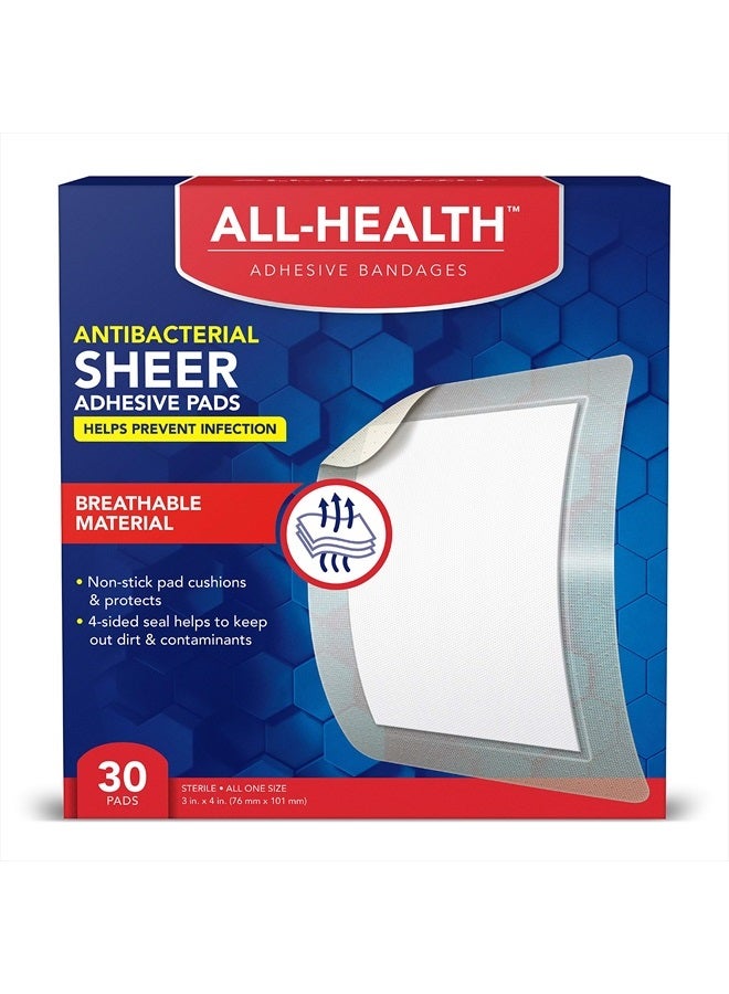 Antibacterial Sheer Adhesive Pad Bandages, 3 in x 4 in, 30 ct | Helps Prevent Infection, Extra Large Comfortable Protection for First Aid and Wound Care