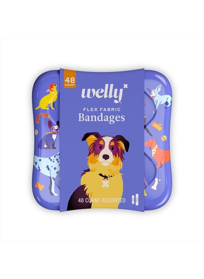 Bandages | Adhesive Flexible Fabric Bravery Badges | Assorted Shapes for Minor Cuts, Scrapes, and Wounds | Colorful and Fun First Aid Tin | Dogs Patterns - 48 Count