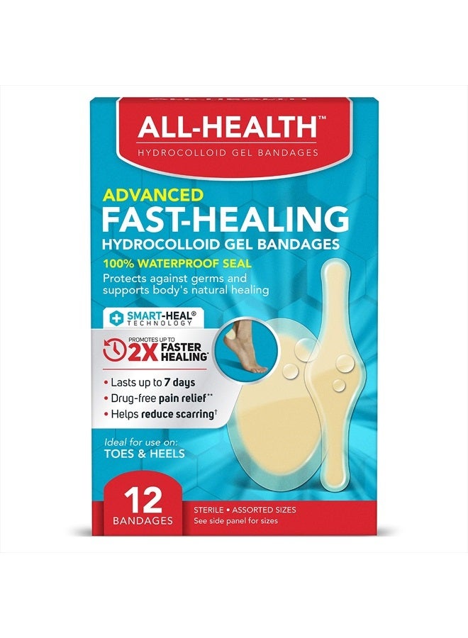 Advanced Fast Healing Hydrocolloid Gel Bandages, Assorted Sizes, 12 ct | 2X Faster Healing for First Aid Blisters or Wound Care