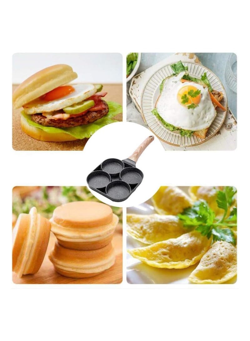 4 Hole Omelet Pan for Burger Eggs, Ham Pancake Maker Wooden Handle Frying Pot Non-Stick Cooking Breakfast