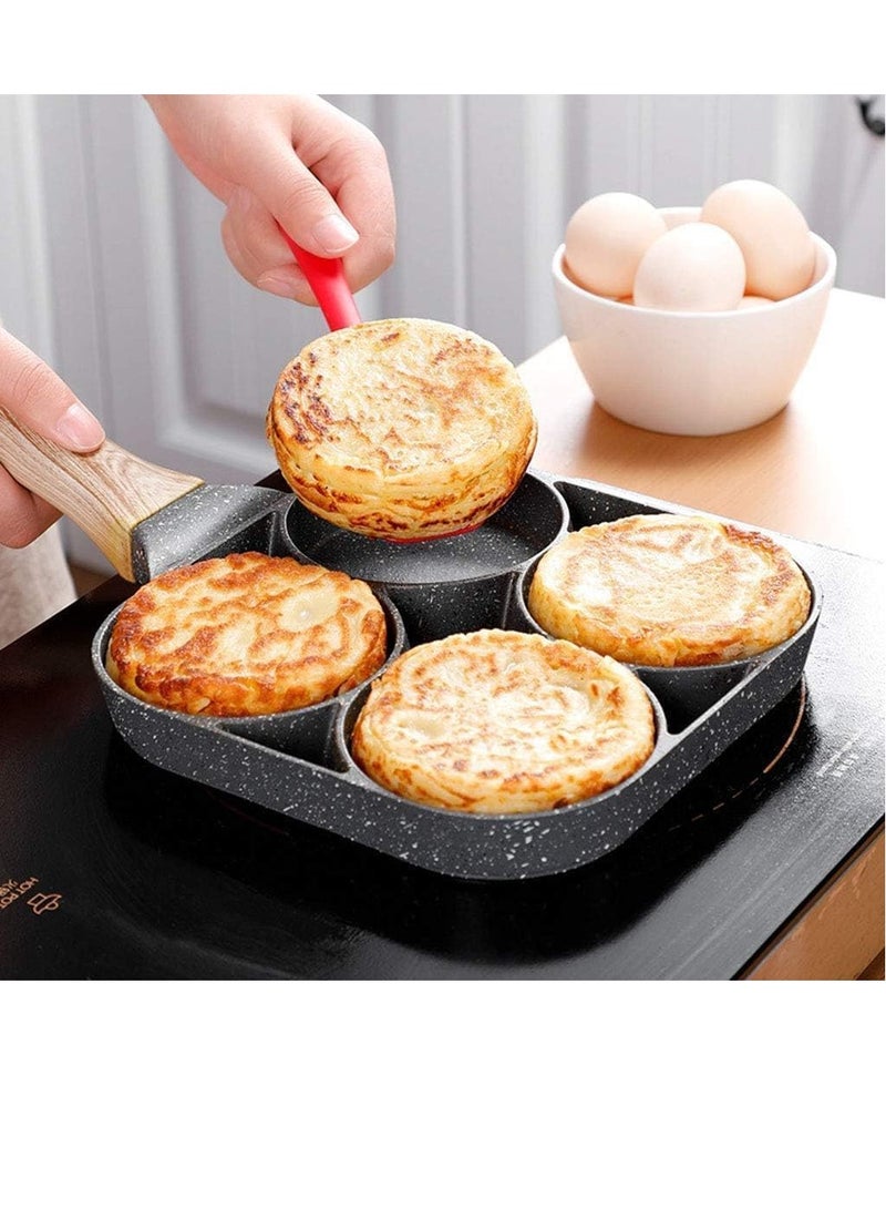 4 Hole Omelet Pan for Burger Eggs, Ham Pancake Maker Wooden Handle Frying Pot Non-Stick Cooking Breakfast