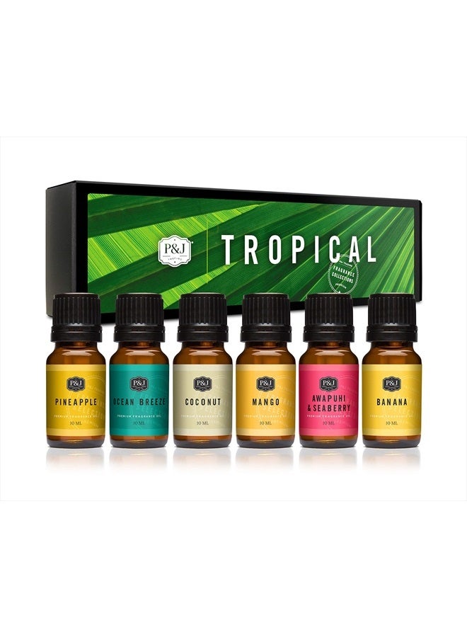 P&J Fragrance Oil Tropical Set | Banana, Coconut, Awapuhi and Seaberry, Pineapple, Mango, Ocean Breeze Candle Scents for Making, Freshie Scents, Soap Making Supplies, Diffuser
