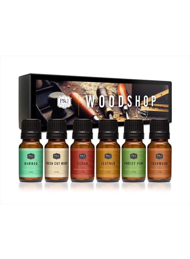 Fragrance Oil Woodshop Set | Forest Pine, Fresh Cut Wood, Leather, Teakwood, Bamboo, and Cedar Candle Scents for Candle Making, Freshie Scents, Soap Making Supplies, Diffuser Oil Scents