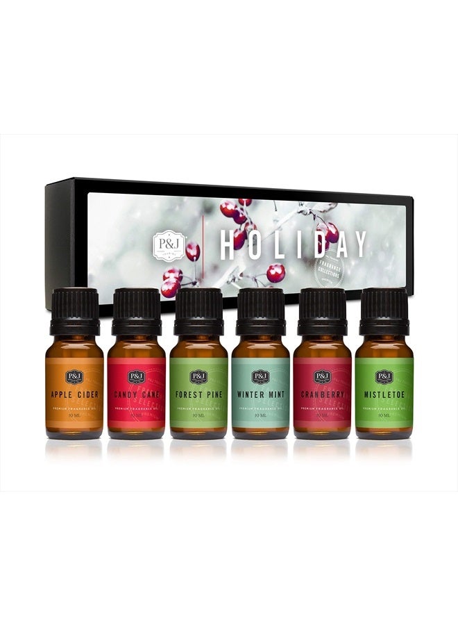 P&J Fragrance Oil Holiday Set | Mistletoe, Candy Cane, Wintermint, Apple Cider, Cranberry, and Forest Pine Candle Scents for Candle Making, Freshie Soap Making Supplies, Diffuser Oil Scents