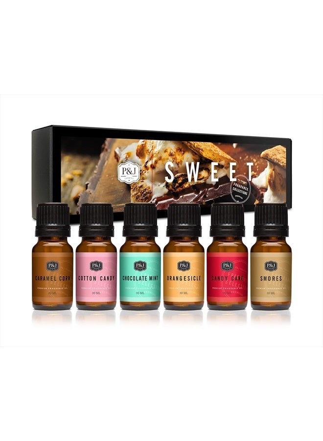 P&J Fragrance Oil Sweet Set | Chocolate Mint, Cotton Candy, Candy Cane, Caramel Corn, Orangesicle, and Smores Candle Scents for Making, Freshie Scents, Soap Making Supplies, Diffuser