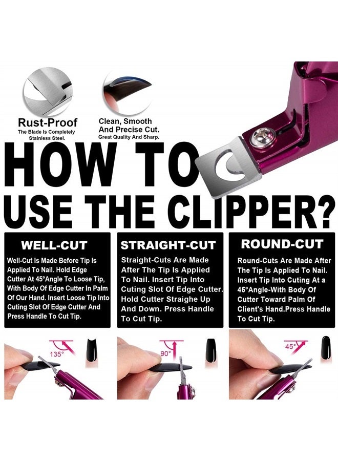 Elegant Violet Red Premium Adjustable Stainless Steel Artificial Acrylic Fake False Nail Tip Clipper Cutter Trimmer Manicure Pedicure Sharp Blade Clip Tool for Salon Home Nail Art Beauty Design DIY