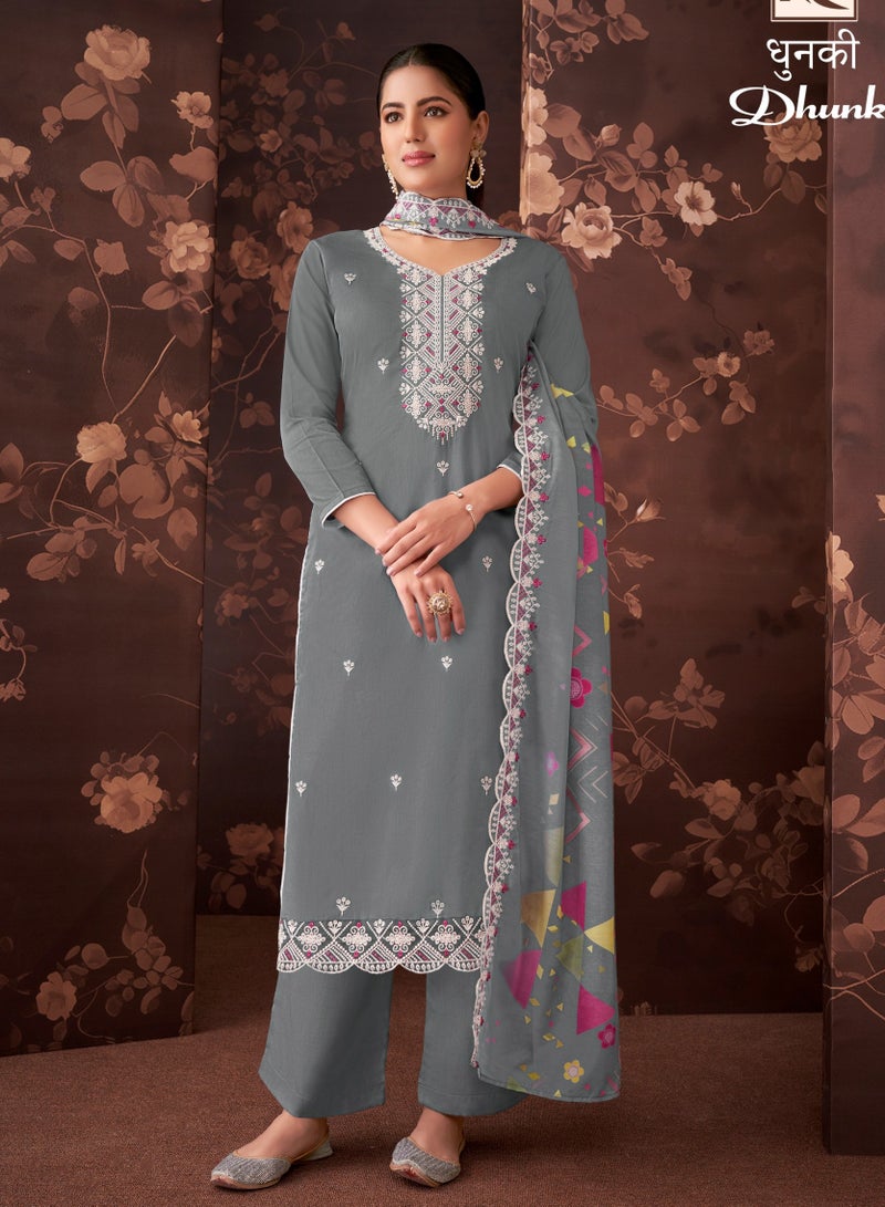 Wedding Party Wear Grey Plain Dress with Neck Work and Printed Dupatta