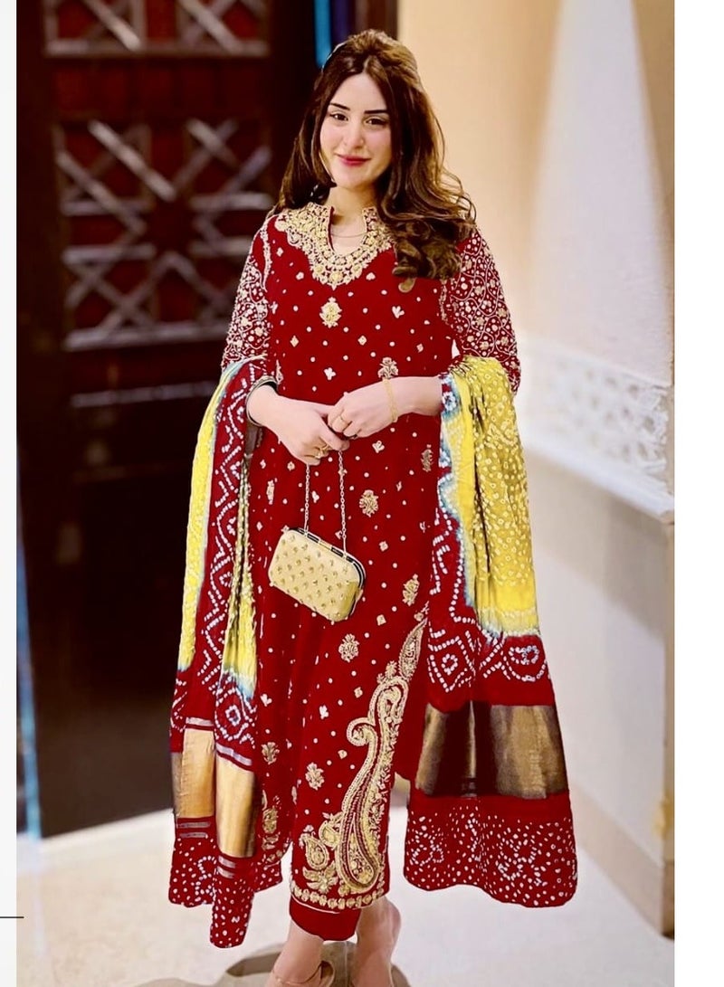 Wedding Embroidery Work Semi Stitched Georgette Red Pakistani Dress