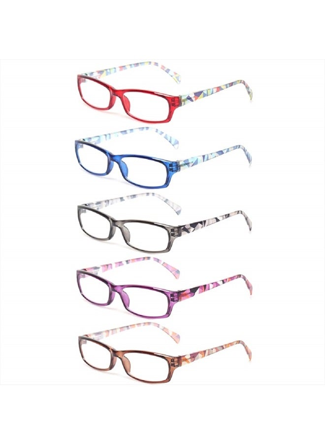 Reading Glasses 5 Pairs Fashion Ladies Readers Spring Hinge with Pattern Print Eyeglasses for Women (5 Pack Mix Color, 1.5)
