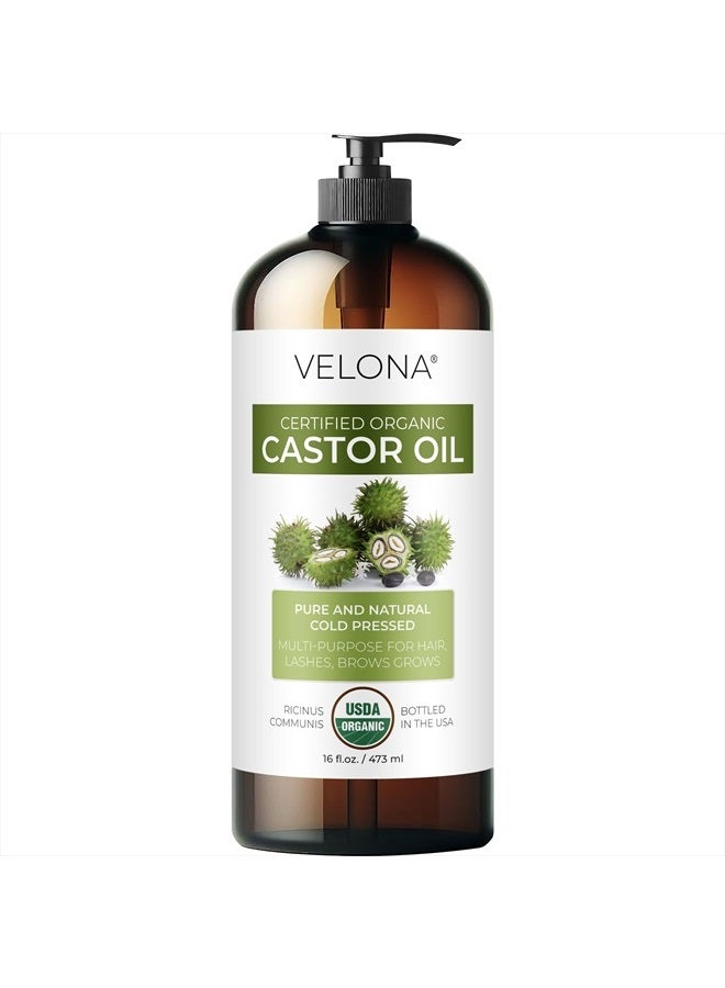 USDA Certified Organic Castor Oil - 16 oz (With Pump) | For Hair Growth, Boost Eyelashes, Eyebrows | Cold pressed, Natural Oil, USP Grade | Hexane Free, Lash Serum, Caster
