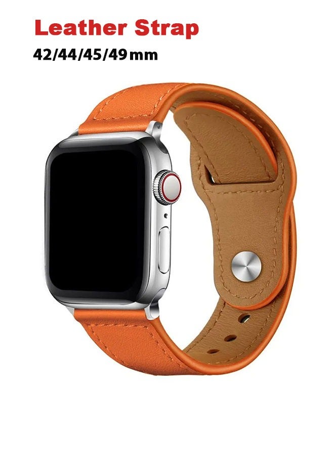 Genuine Leather Apple Watch Band, Retro Business iwatch Stud Buckle Smart Watch Strap, For 42/44/45/49mm,Business Replacement For Women Men Gift Orange