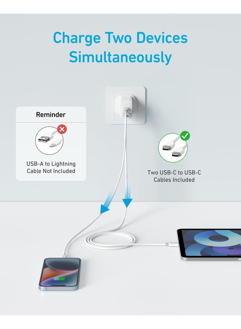 USB C Plug, 20W Dual Port USB Fast Charger Plug, USB C Charger For Iphone 15/15 Pro/15 Pro Max/14/13/12, Ipad Pro/Airpods, And More USB-C Cable Included White