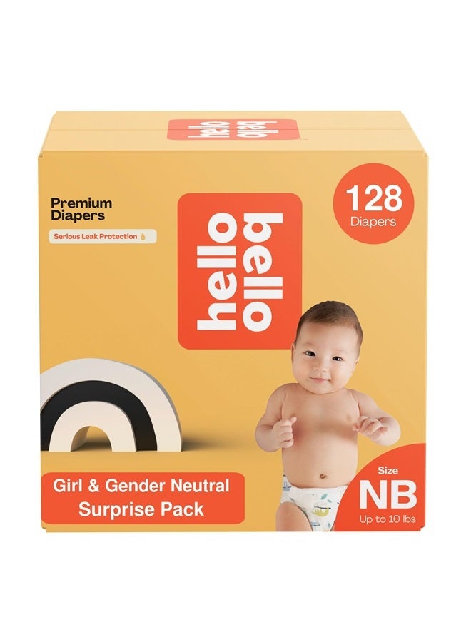 Premium Diapers, Size NB (Up to 10 lbs) Surprise Pack for Girls - 128 Count, Hypoallergenic with Soft, Cloth-Like Feel - Assorted Girl & Gender Neutral Patterns