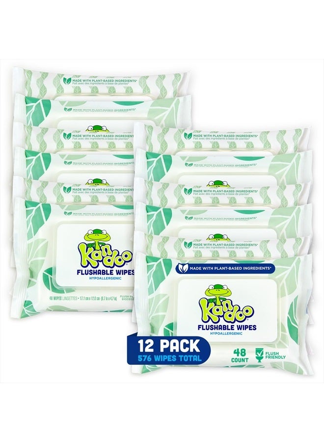 Flushable Wipes for Baby and Kids by Kandoo, Sensitve and Unscented Formula, Hypoallergenic Potty Training Wet Cleansing Cloths , 48 Count, Pack of 12