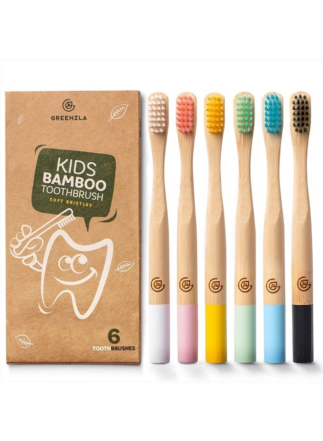 Kids Bamboo Toothbrushes (6 Pack) BPA Free Soft Bristles Eco-Friendly, Natural Toothbrush Set Biodegradable & Compostable Charcoal Wooden