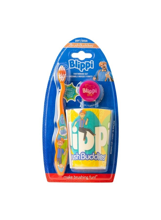 Blippi Kids Toothbrushes Kit, Manual Toothbrushes for Kids, Toothbrush for Toddlers 2-4 Years, Travel Toothbrush Kit with Cover and Cup, 3PC