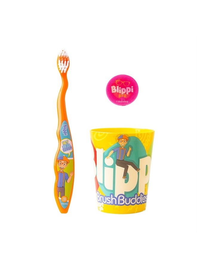 Blippi Kids Toothbrushes Kit, Manual Toothbrushes for Kids, Toothbrush for Toddlers 2-4 Years, Travel Toothbrush Kit with Cover and Cup, 3PC