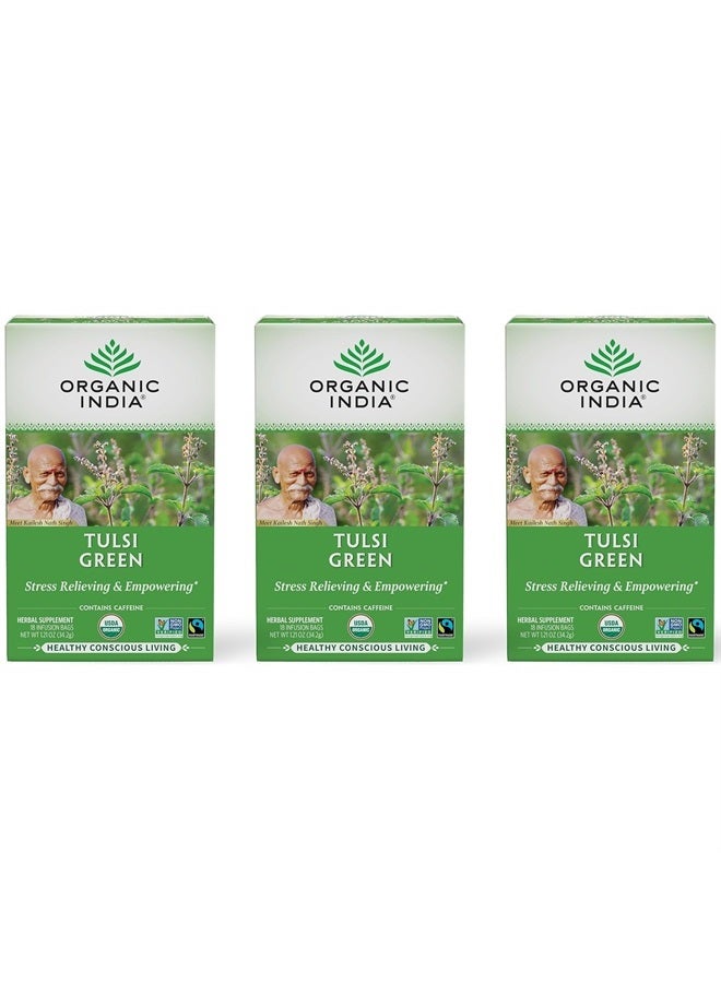 Organic India Tulsi Green Herbal Tea - Holy Basil, Vegan, USDA Certified Organic, Premium Darjeeling Green Tea, Caffeinated - 18 Infusion Bags, 3 Pack