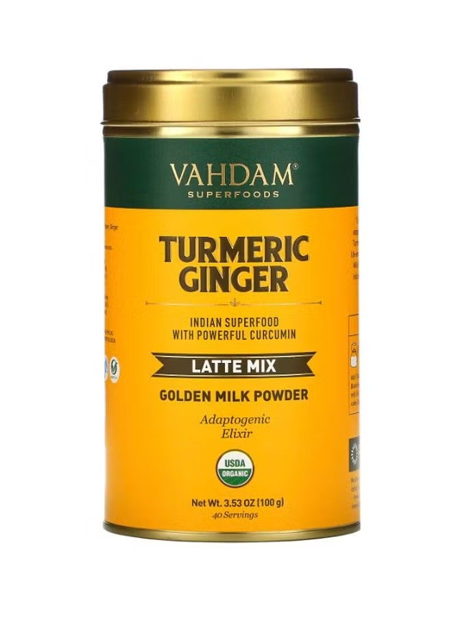 , Turmeric Ginger Latte Mix (40 Cups, 3.53oz) Caffeine-Free, Non-GMO, Gluten Free | Golden Milk Powder With Curcumin, Black Pepper & Ginger | Brew Hot/Iced Tea Or Turmeric Latte