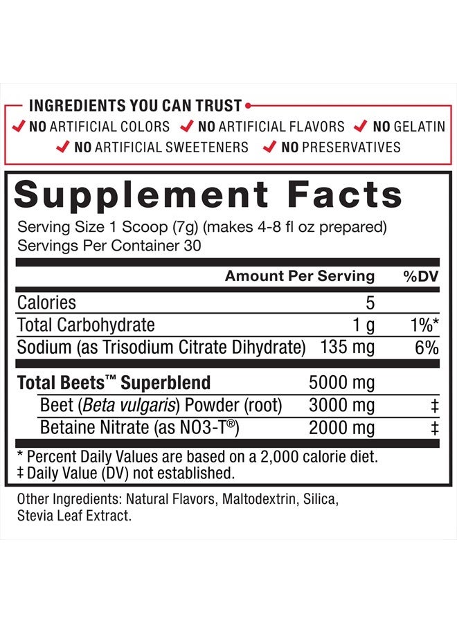 Total Beets Superfood Beet Root Powder with Nitrates to Support Circulation, Blood Flow, Nitric Oxide, Energy, Endurance, and Stamina, Cardiovascular Heart Health Supplement, 30 Servings