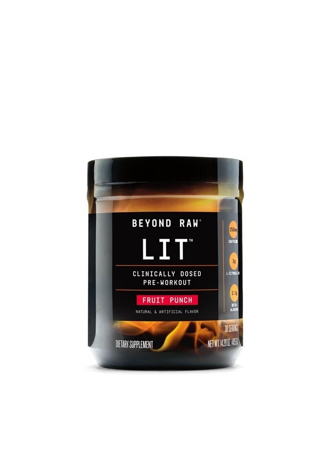 LIT | Clinically Dosed Pre-Workout Powder | Contains Caffeine, L-Citrulline, Beta-Alanine, and Nitric Oxide | Fruit Punch | 30 Servings
