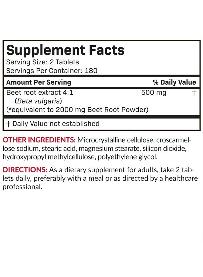 Beet Root Extra Strength (Equivalent to 2000mg Beet Root per Serving from 500mg 4:1 Extract), Non-GMO, 360 Vegetarian Tablets