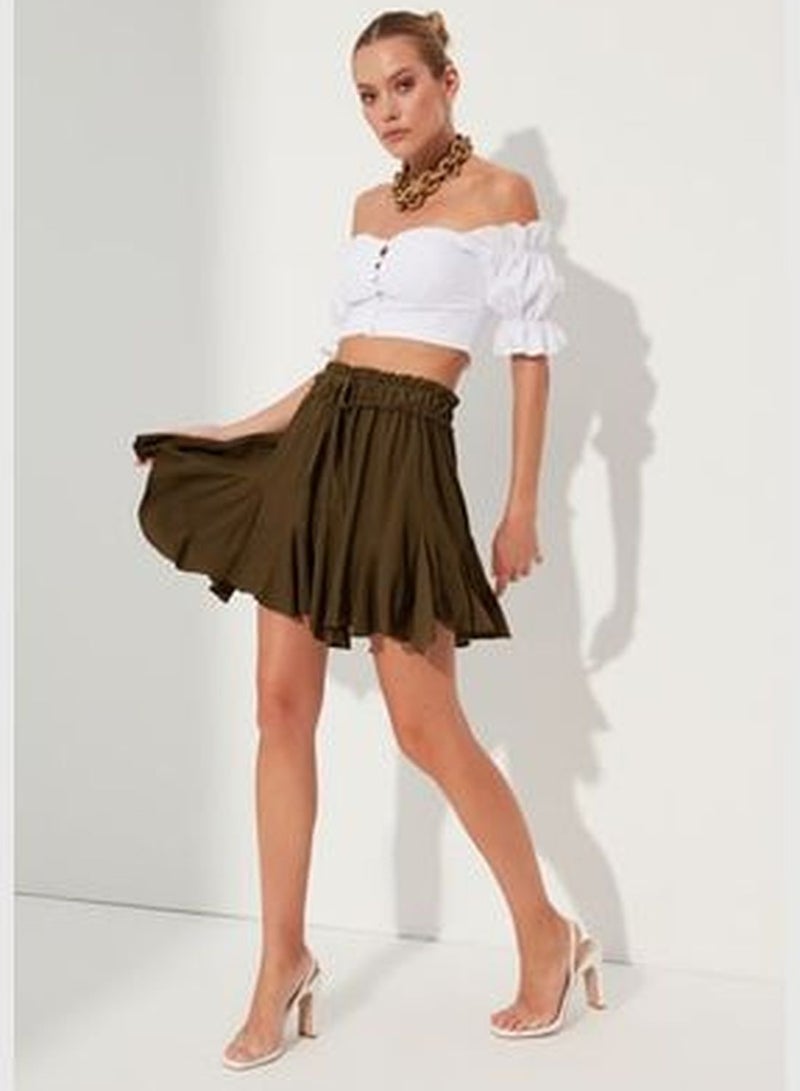 Khaki Skirt With Frills, Normal Waist, Crimea Mini Knitted Skirt