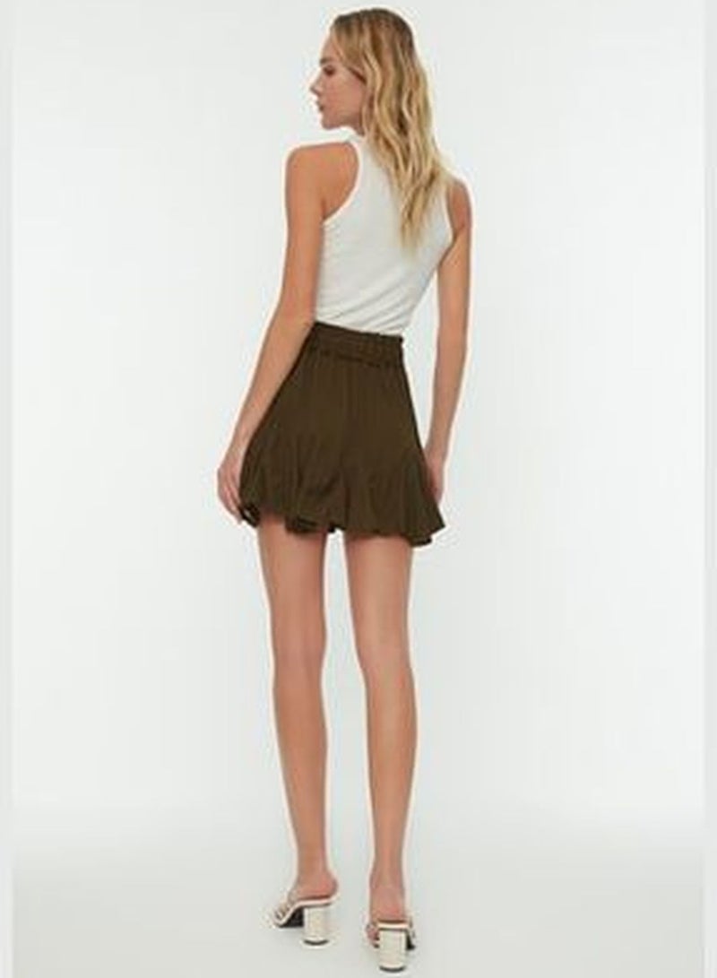 Khaki Skirt With Frills, Normal Waist, Crimea Mini Knitted Skirt