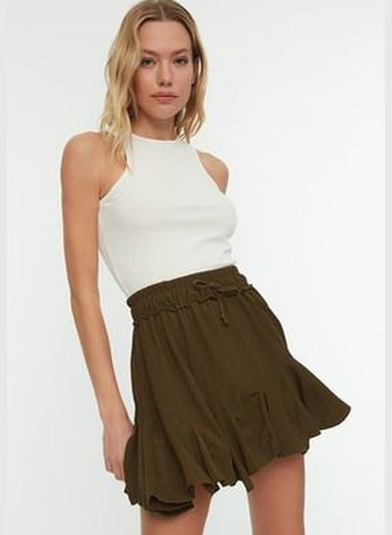 Khaki Skirt With Frills, Normal Waist, Crimea Mini Knitted Skirt