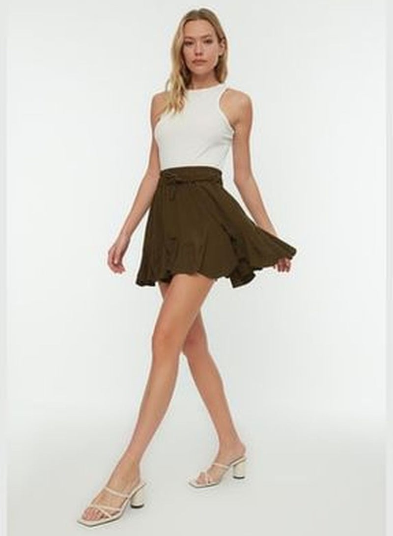 Khaki Skirt With Frills, Normal Waist, Crimea Mini Knitted Skirt