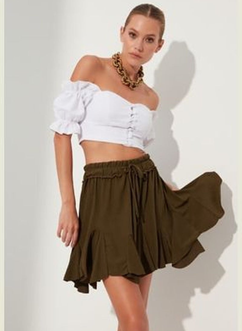 Khaki Skirt With Frills, Normal Waist, Crimea Mini Knitted Skirt