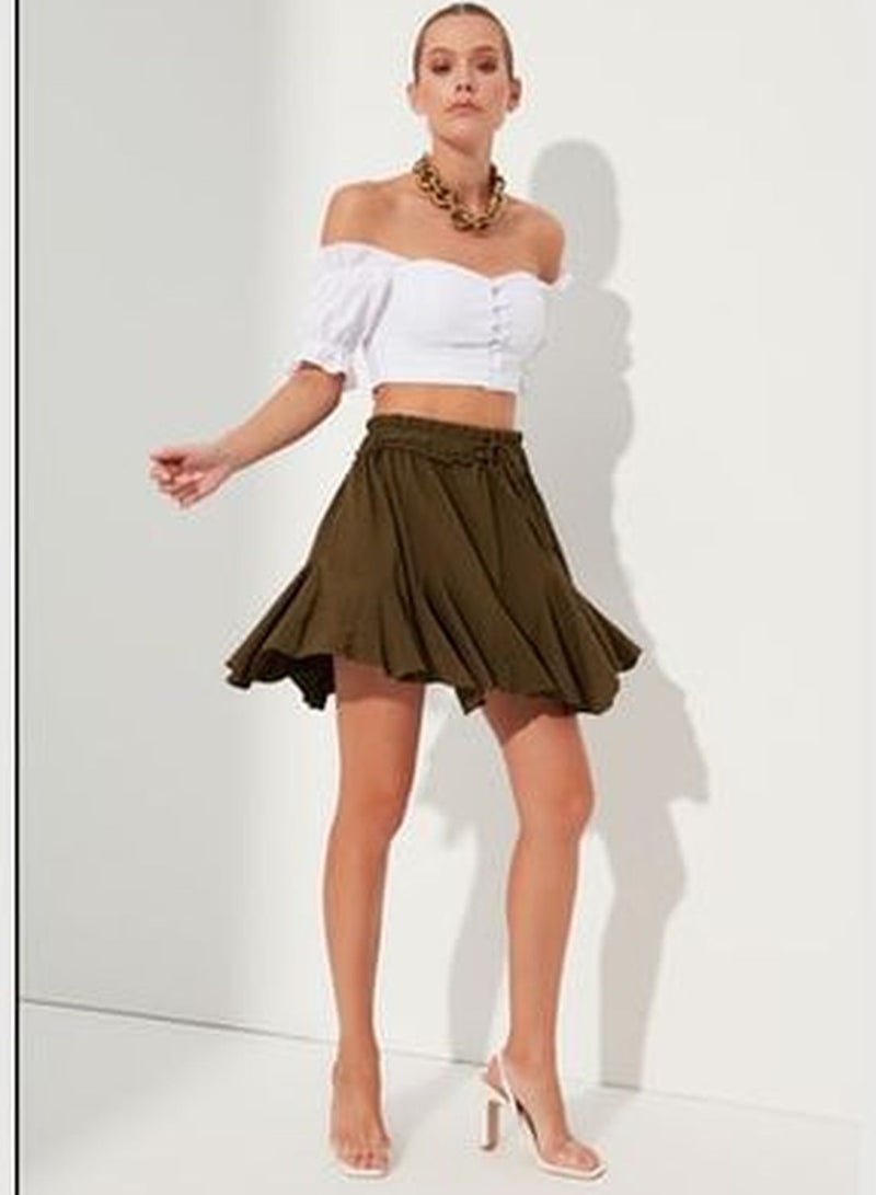 Khaki Skirt With Frills, Normal Waist, Crimea Mini Knitted Skirt