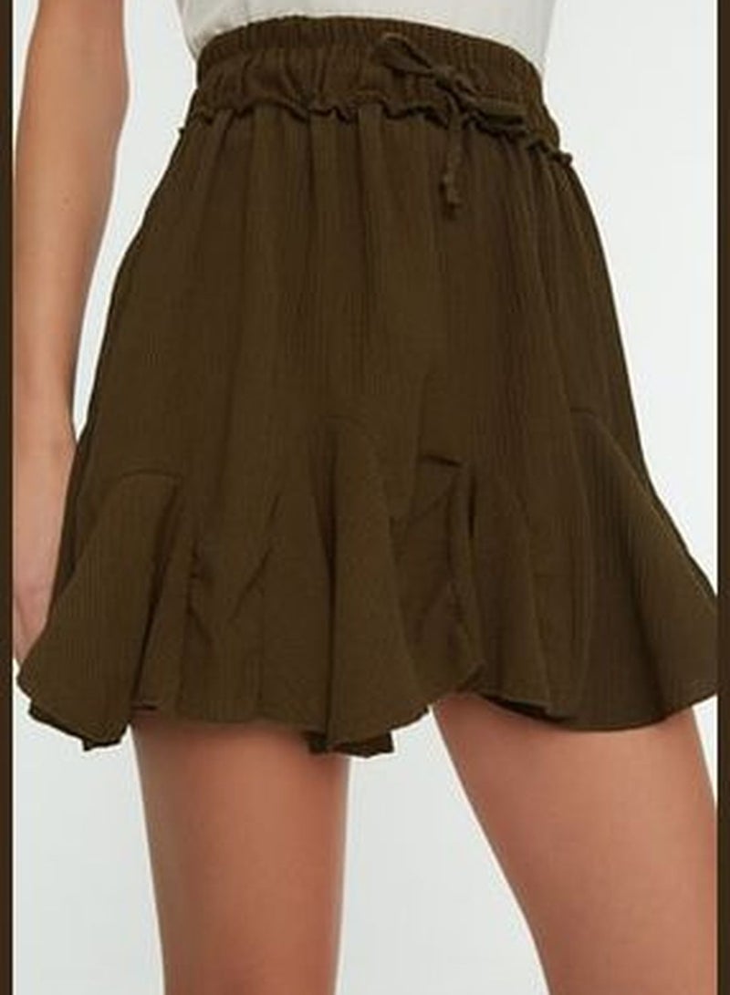 Khaki Skirt With Frills, Normal Waist, Crimea Mini Knitted Skirt