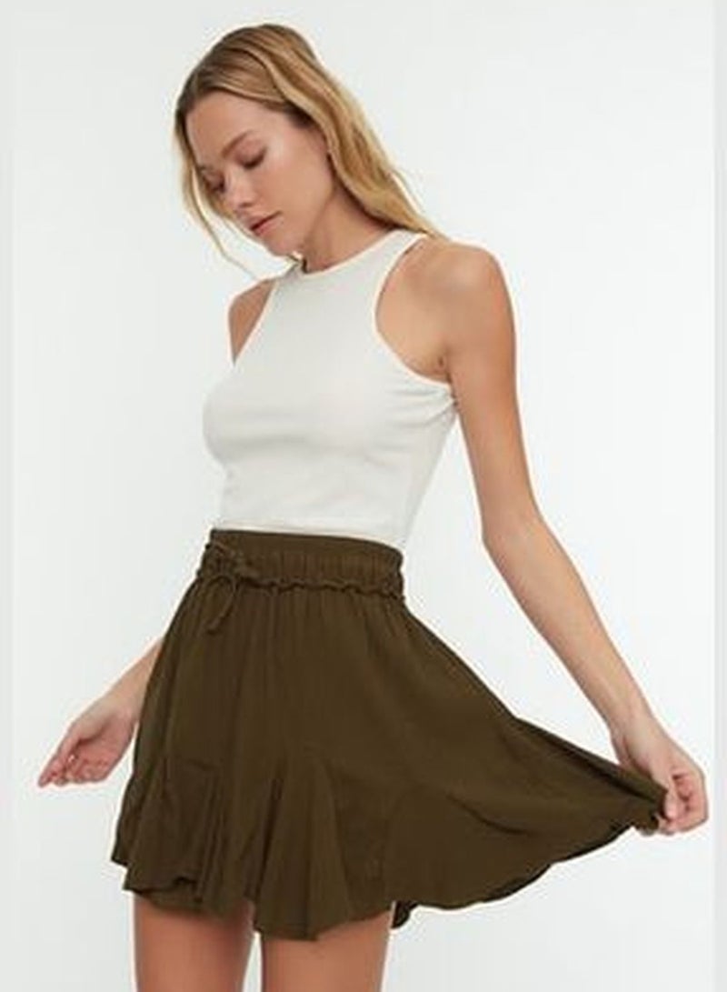 Khaki Skirt With Frills, Normal Waist, Crimea Mini Knitted Skirt