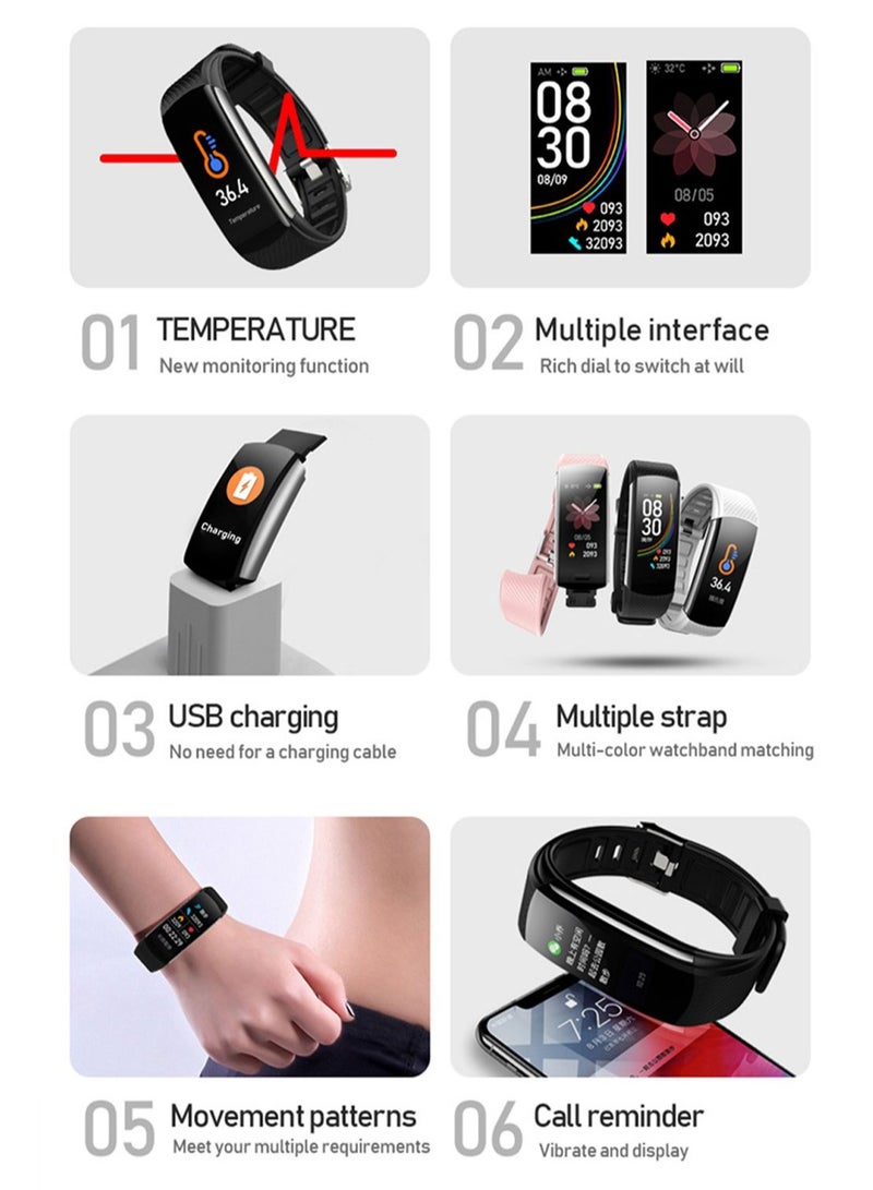 C6T Body Temperature Bracelet Watch Smart Sports Bracelet IP67 Information Push Sleep Exercise Step Waterproof Sports Smart Bracelet Blood Pressure Monitoring (Pink)