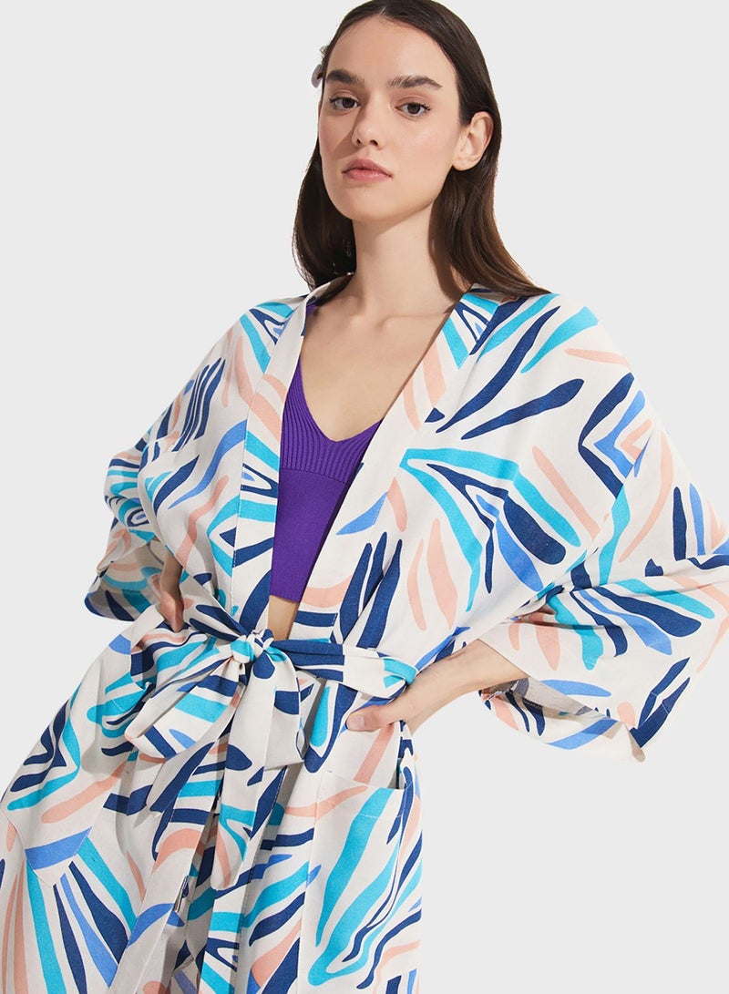 Printed Tie Detail Kimono