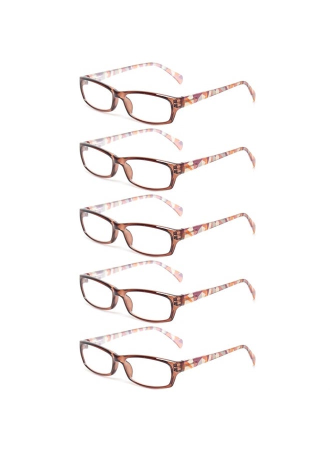 Reading Glasses 5 Pairs Fashion Ladies Readers Spring Hinge with Pattern Print Eyeglasses for Women (5 Pack Brown, 1.5)