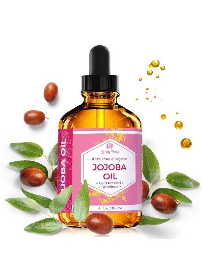 Jojoba Oil, Pure Cold Pressed Natural Unrefined Moisturizer for Skin Hair and Nails 4 oz
